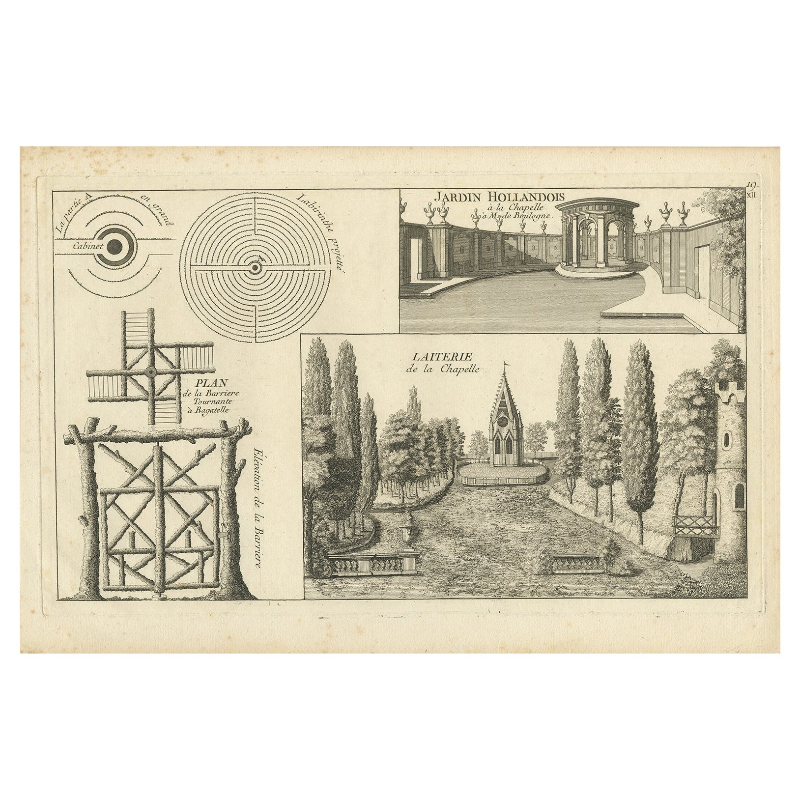 Pl. 19 Stampa antica di elementi del giardino olandese di Le Rouge, 1785 ca.
