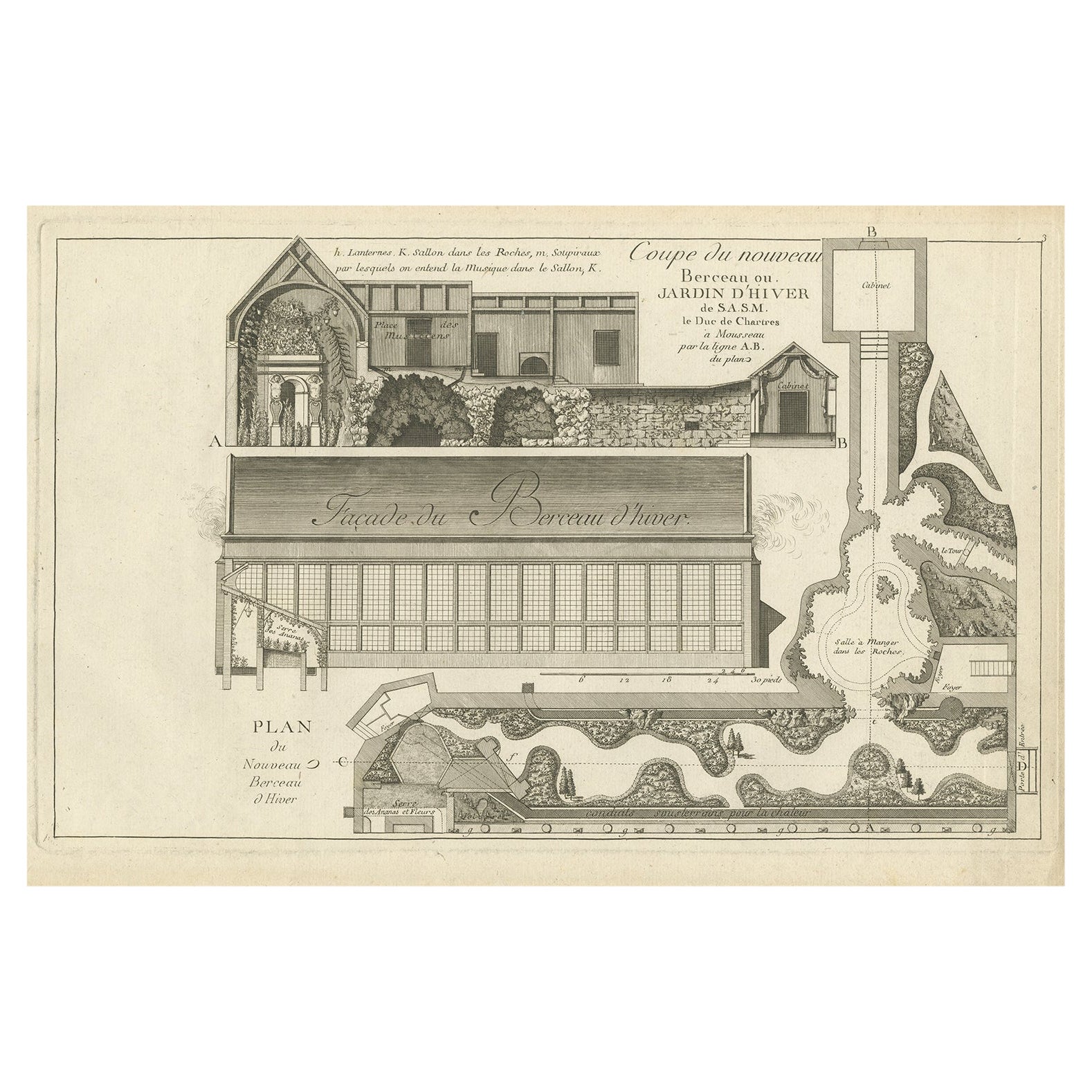 Impression ancienne d'un jardin d'hiver par Le Rouge, Pl. 3, vers 1785