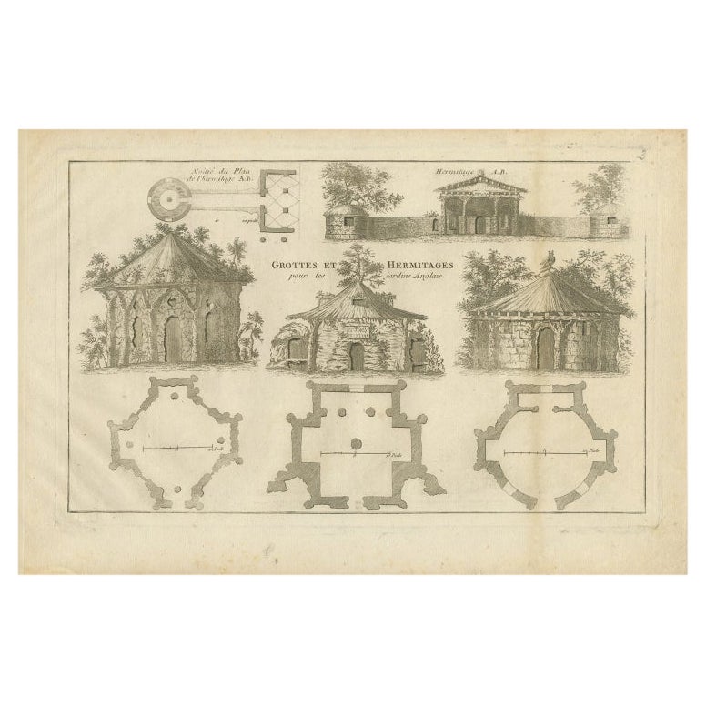 Pl. 3 Antique Print of Caves and Hermitages for English Gardens by Le Rouge, c.1 For Sale