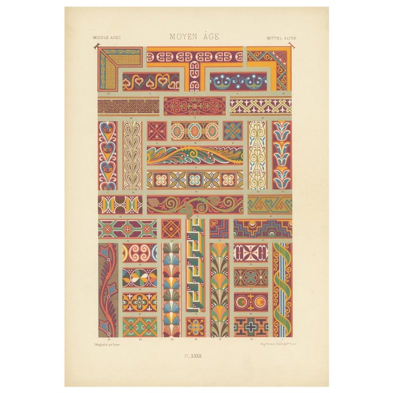 Impression originale et ancienne d'art décoratif au Moyen Âge, 1869