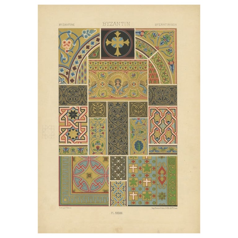 Grabado original antiguo de Arte Decorativo Bizantino, 1869