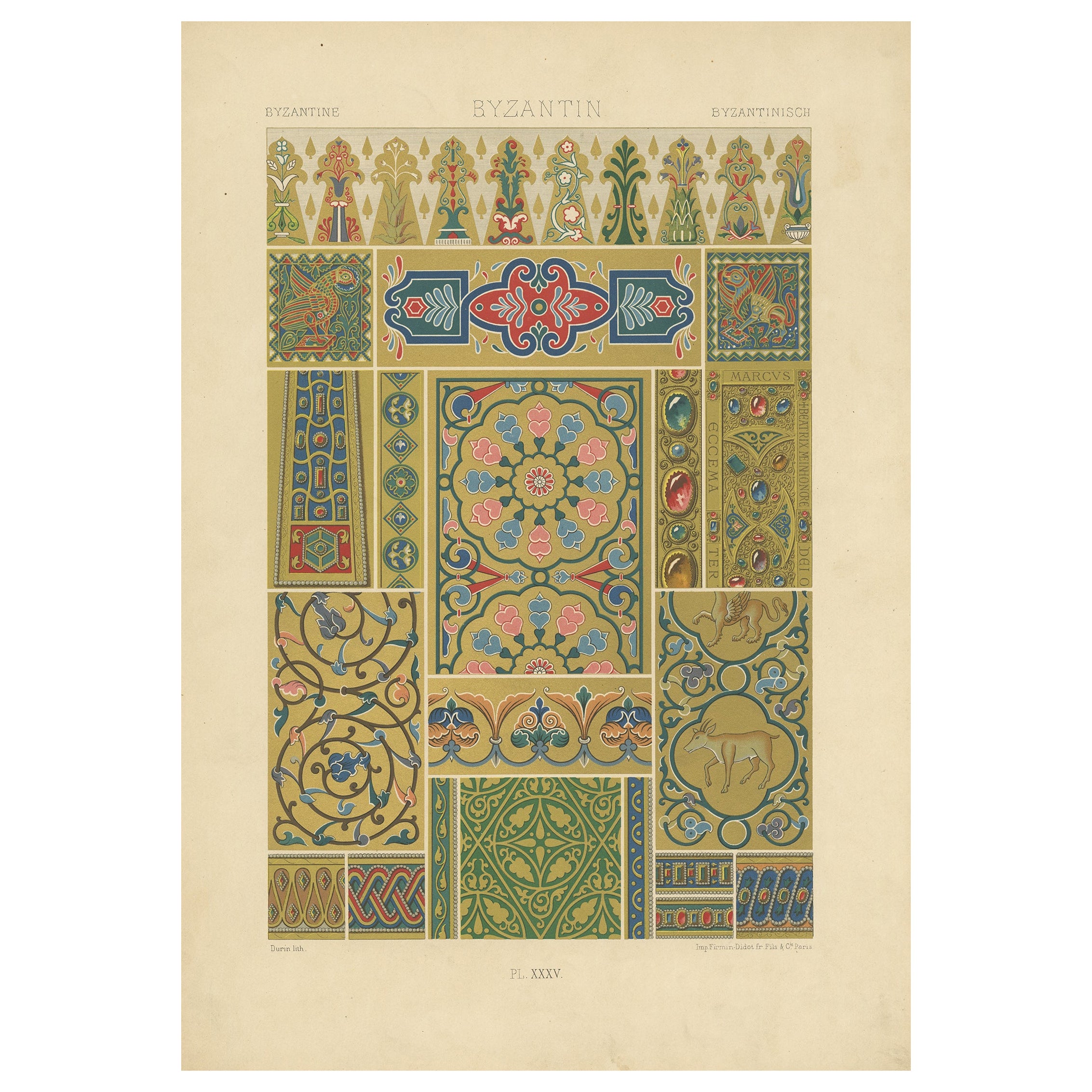 Original Antique Print of Byzantine Decorative Art, 1869