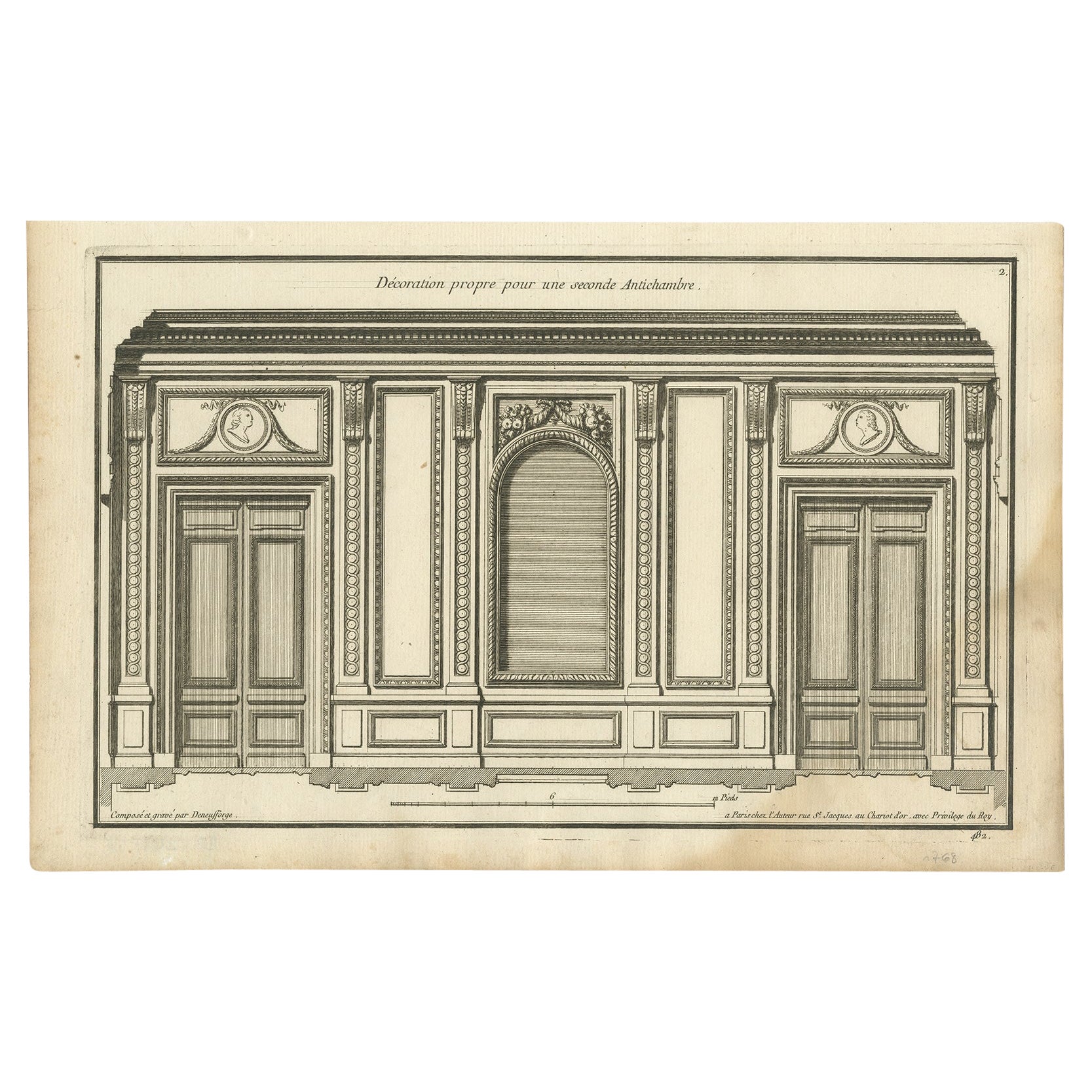 Pl. 2 Antiker architektonischer Druck des Entwurfs eines Anterooms von Neufforge