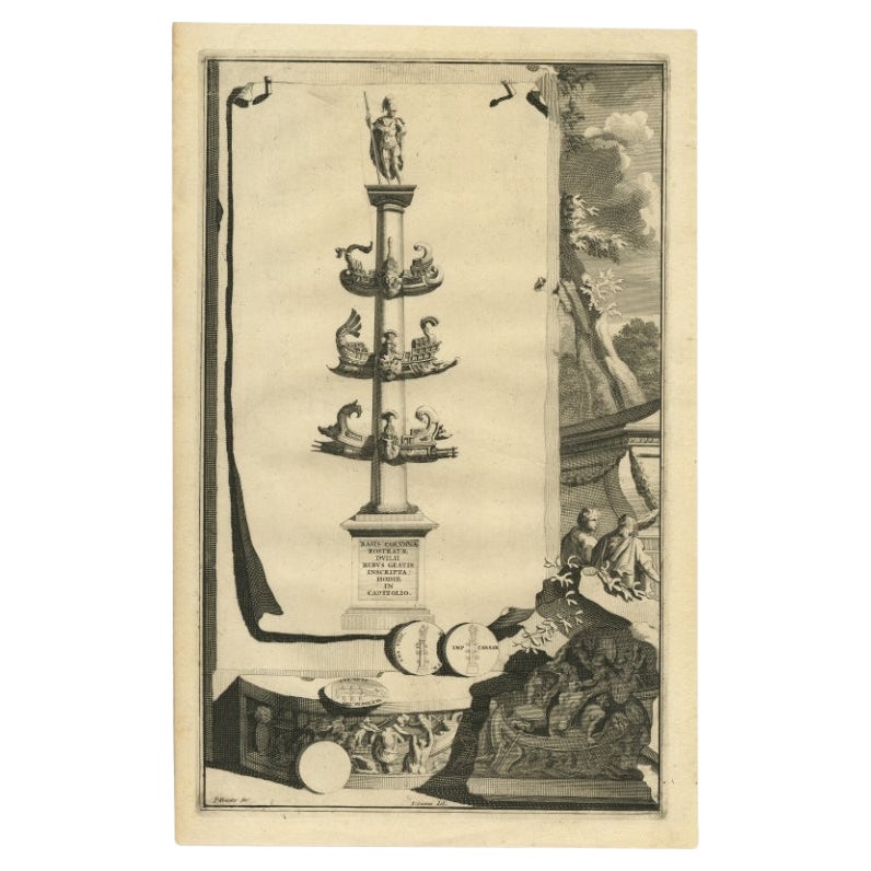 Old Antique Print showing a Rostral Column in Rome, Italy, 1704 For Sale