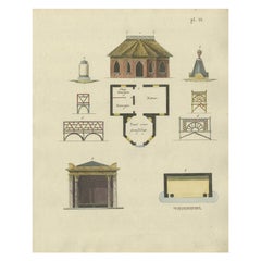 Handkolorierter antiker Druck der Gartenarchitektur von Van Laar, 1802