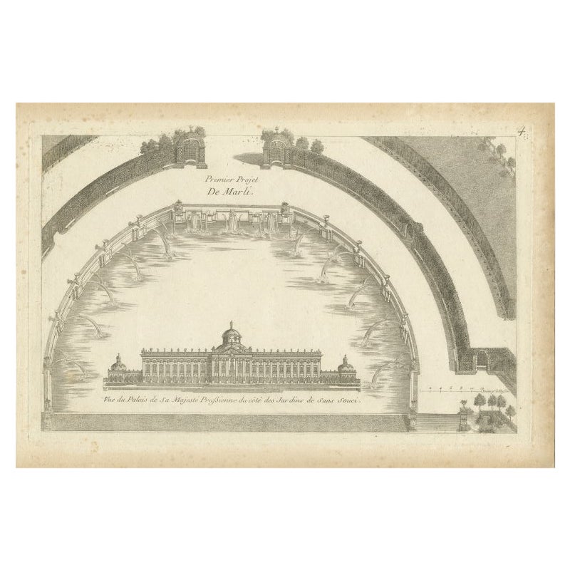 Impression ancienne Pl. 4 du palais de Sanssouci par Le Rouge, vers 1785 en vente