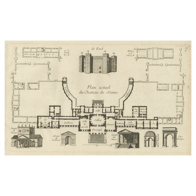 Antique Print of the Stowe House in Stowe, Buckinghamshire, England, c