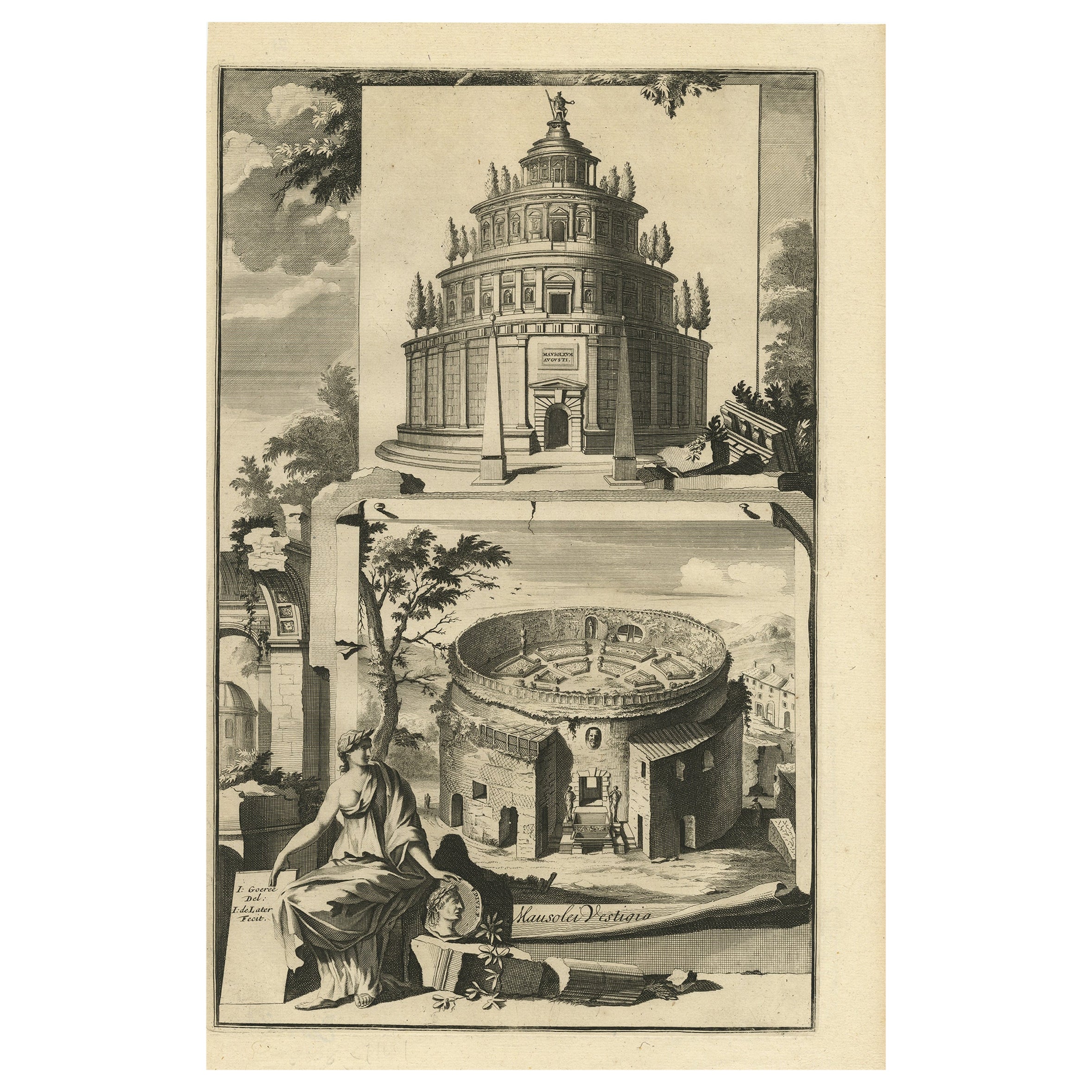Old Engraving of The Mausoleum of Augustus and its remnants in Rome, Italy For Sale
