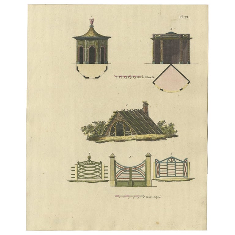 Rare impression ancienne d'une architecture de jardin par Van Laar, 1802