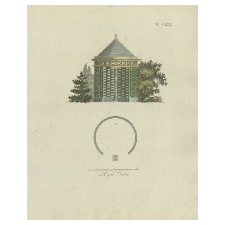 Impression ancienne originale de l'architecture de jardin par Van Laar, 1802