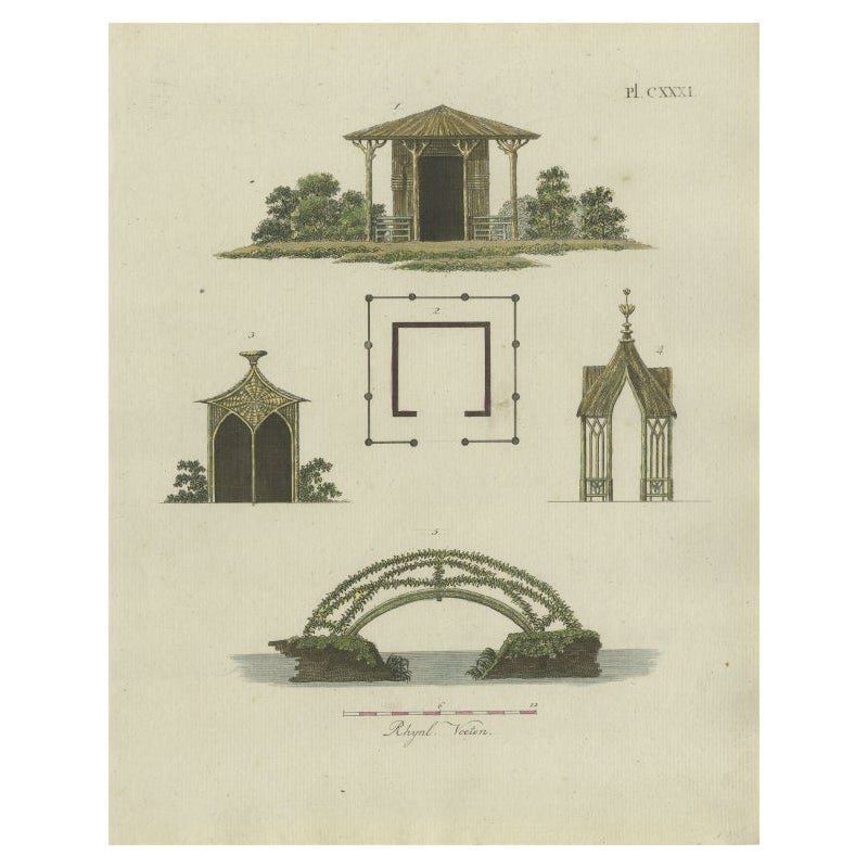 Antique Print of Garden Houses from Garden Architecture by Van Laar, 1802 For Sale