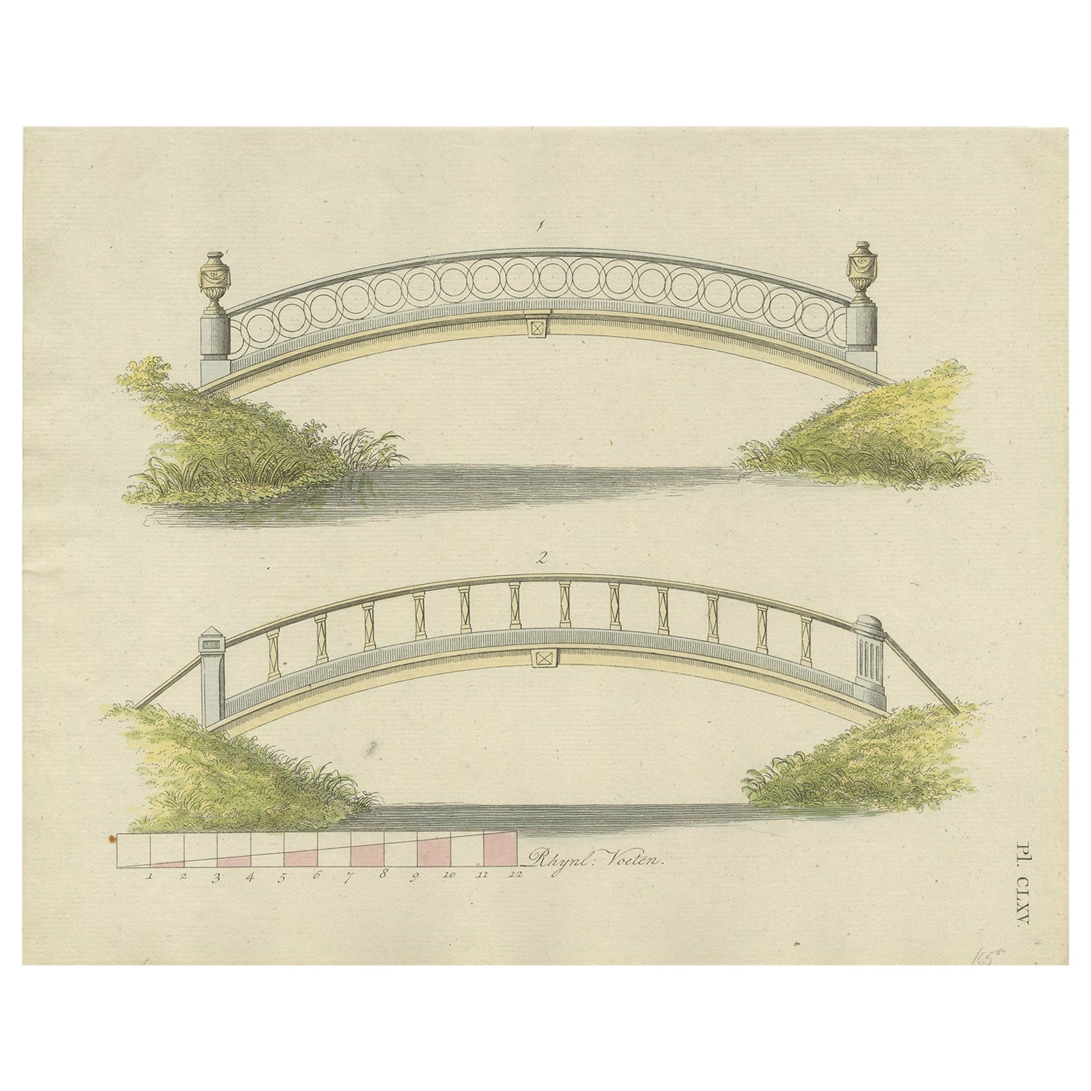 Antique Print of Garden Architecture showing a Garden Bridge by Van Laar, 1802