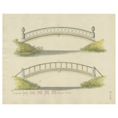 Impression ancienne d'une architecture de jardin représentant un pont de jardin par Van Laar, 1802