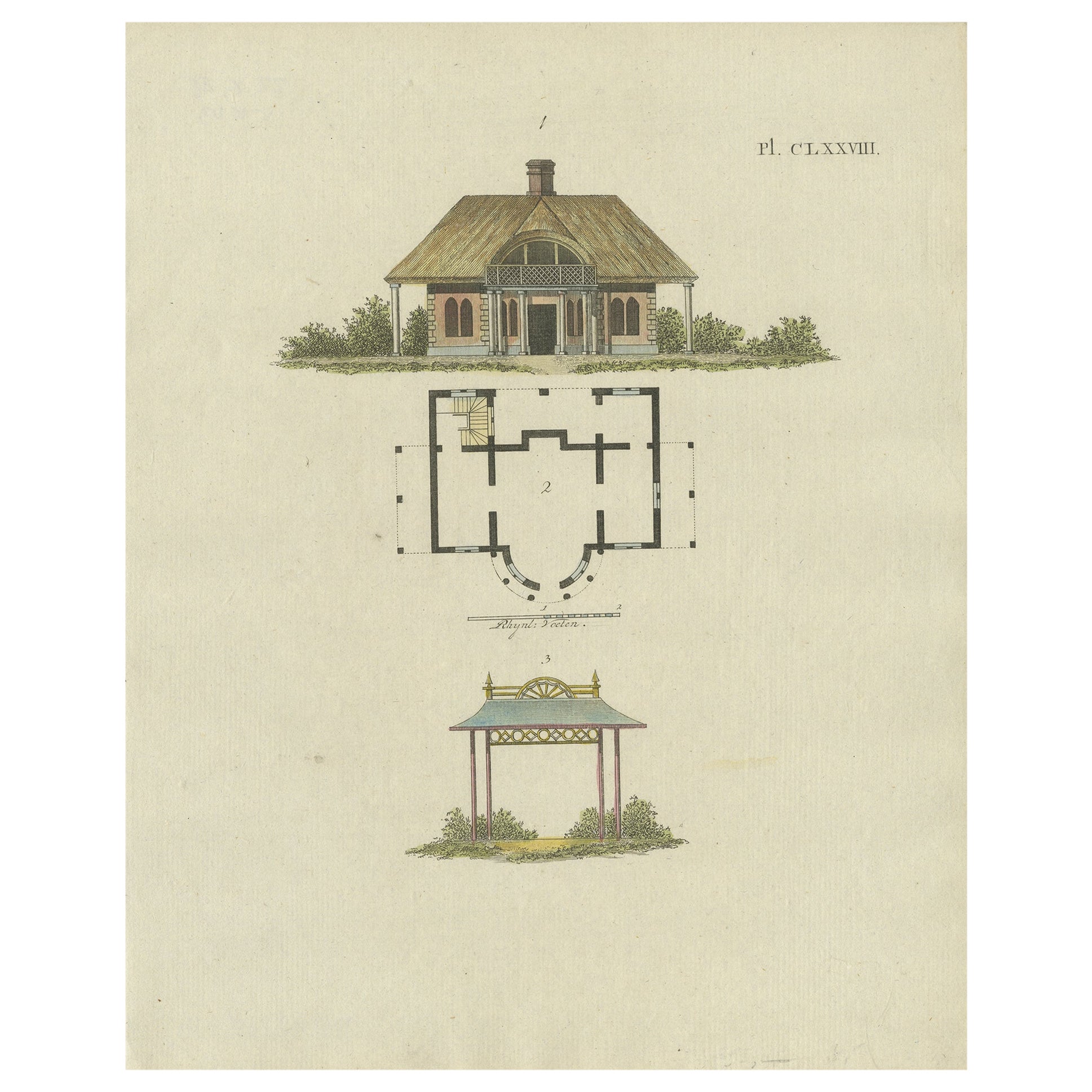 Old Handkolorierter antiker Druck der Gartenarchitektur von Van Laar, 1802