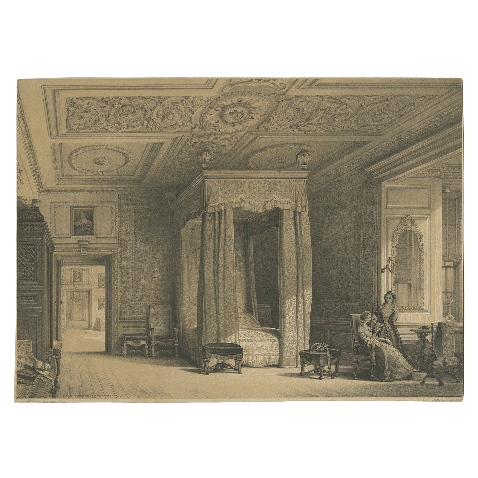 Antiker Druck des Staatlichen Schlafzimmers des Schlosses Warwick, Fluss Aron, England, um 1850