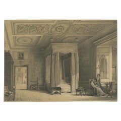 Antique Print of the State Bedroom of Warwick Castle, River Aron, England, c1850