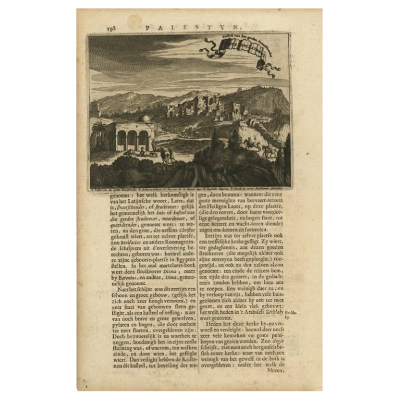 Antique print, titled: 'Kasteel van den goeden straetschender.' - 

This original antique print shows a view of the 'Castle of the good Robber' in the Holy Land. Source unknown, to be determined. Artists and Engravers: Made by 'Olfert Dapper' after