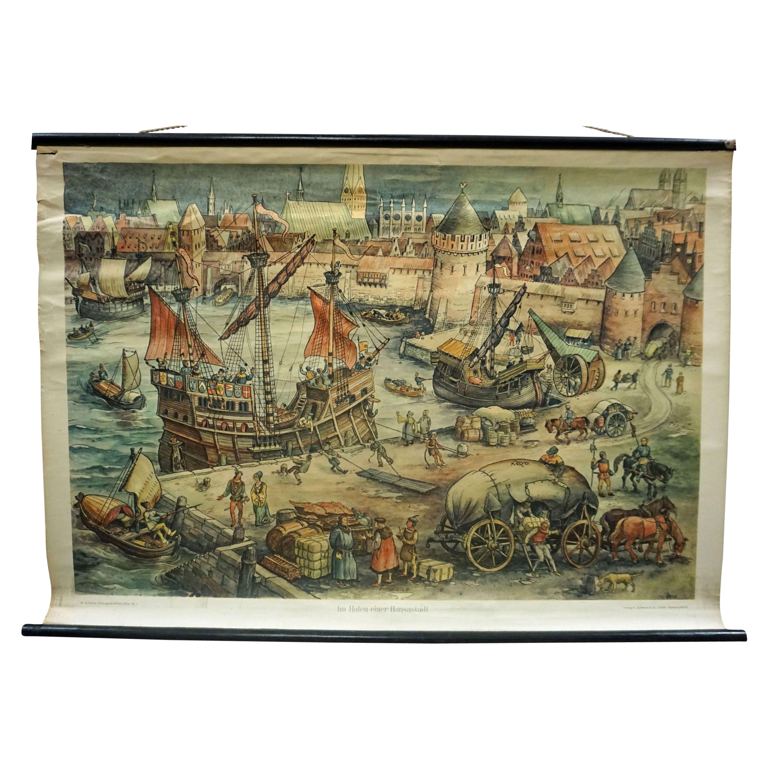 Harbour of a Trade City Hanseatic Port Rollable Vintage Wallchart For Sale