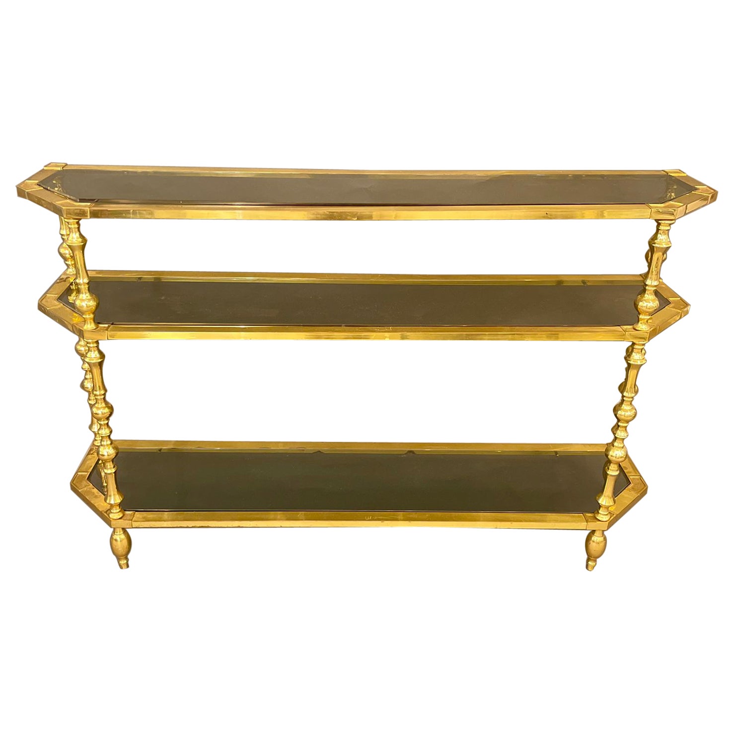 Mid-Century Brass Étagère with Smoked Glass Shelves, Italy, 1960s For Sale