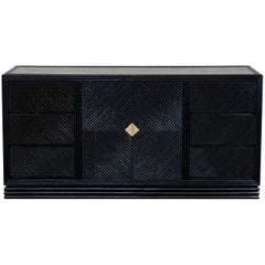 1970's Italian Black Lacquared Bamboo Sideboard, Black Stone Top, Brass Details