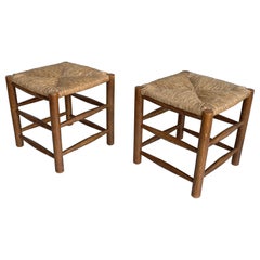 Pair of Solid Oak and Rush Stools in style of Charlotte Perriand, France 1960's