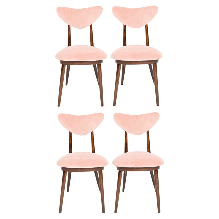 Set of Four MidCentury Pink CottonVelvet Heart Chairs, Europe, 1960s