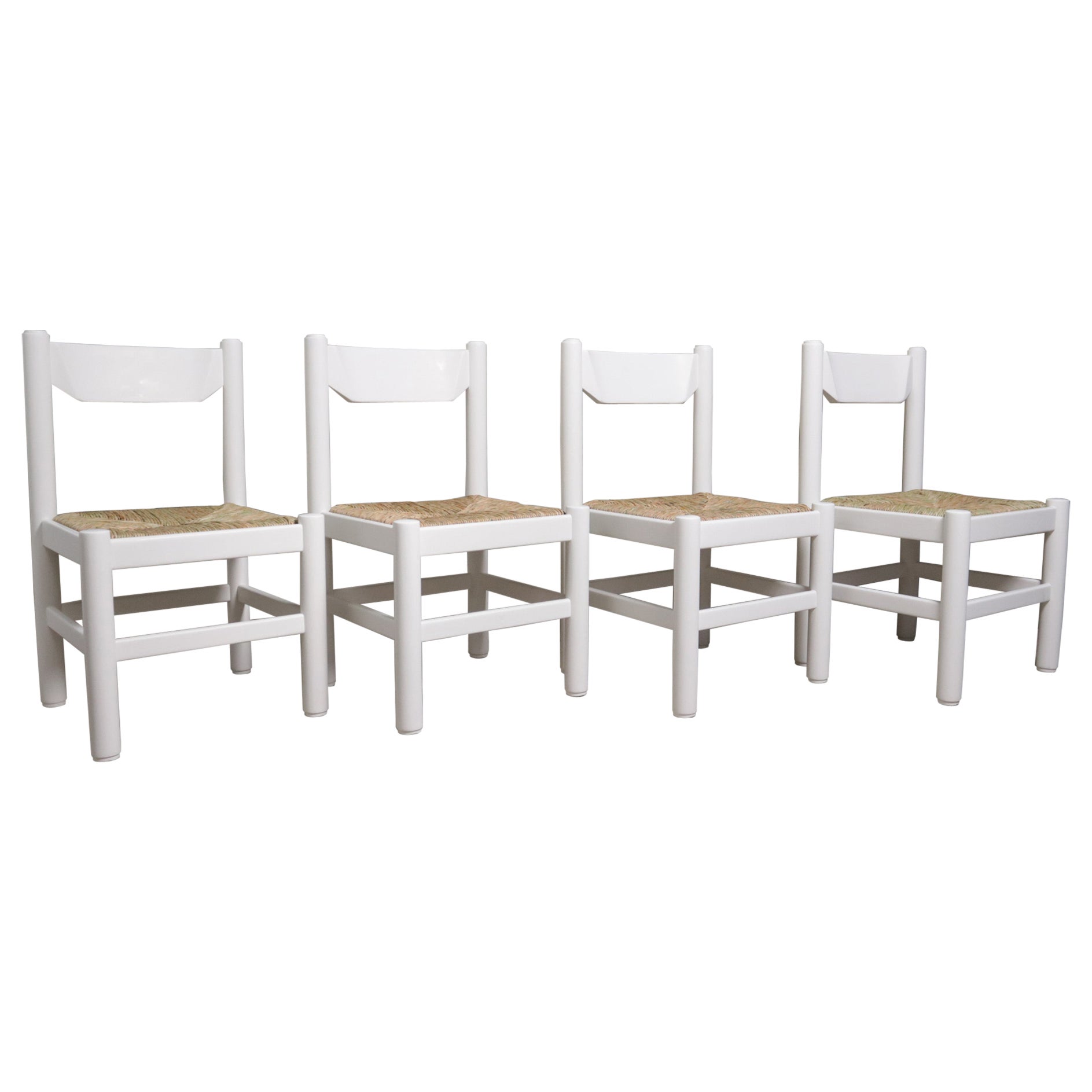 Vico Magistretti / Charlotte Perriand Style Rush Dining Room Chairs 70s White  For Sale