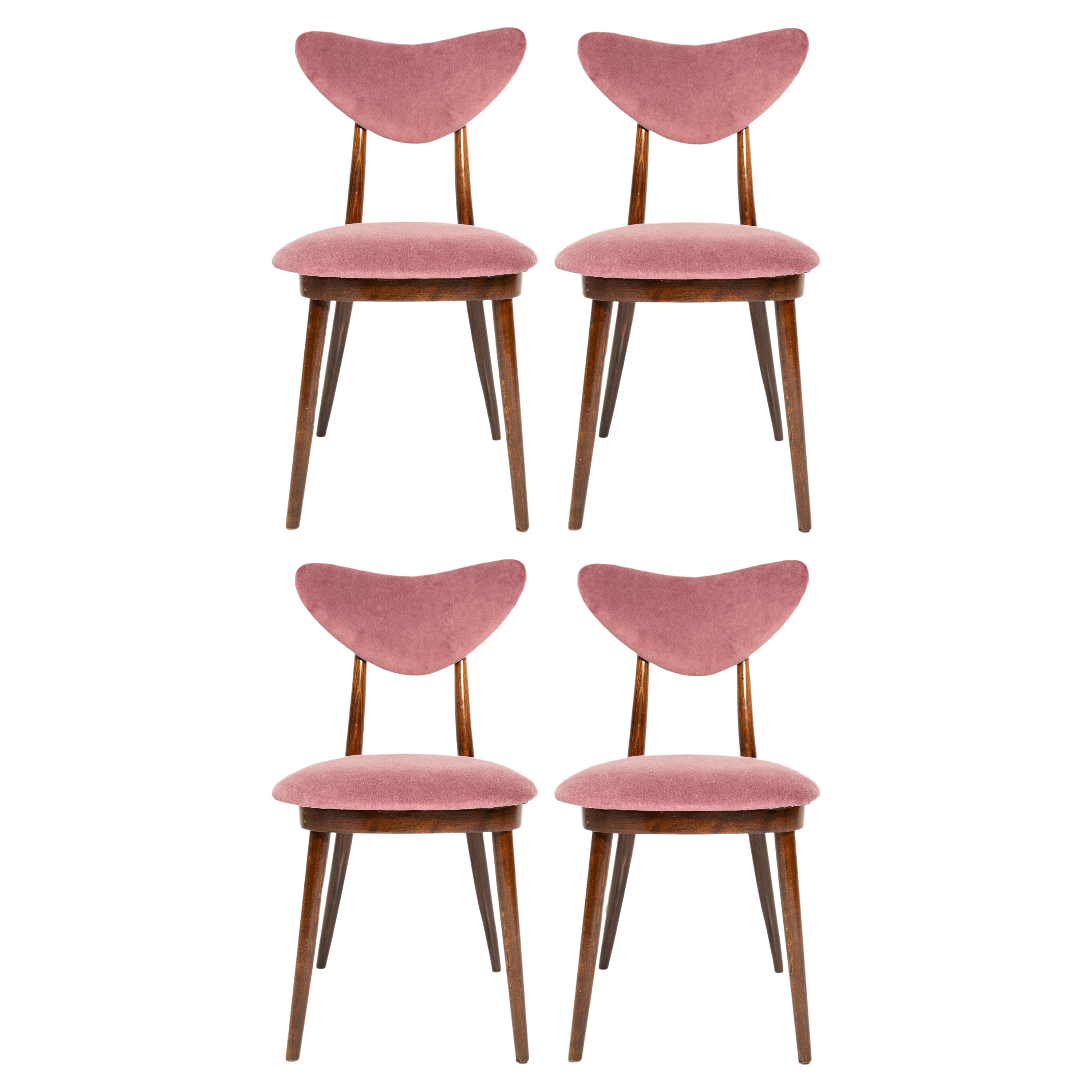 Set von vier herzförmigen Stühlen aus burgunderrotem Baumwoll-Samt aus der Mitte des Jahrhunderts, Europa, 1960er Jahre