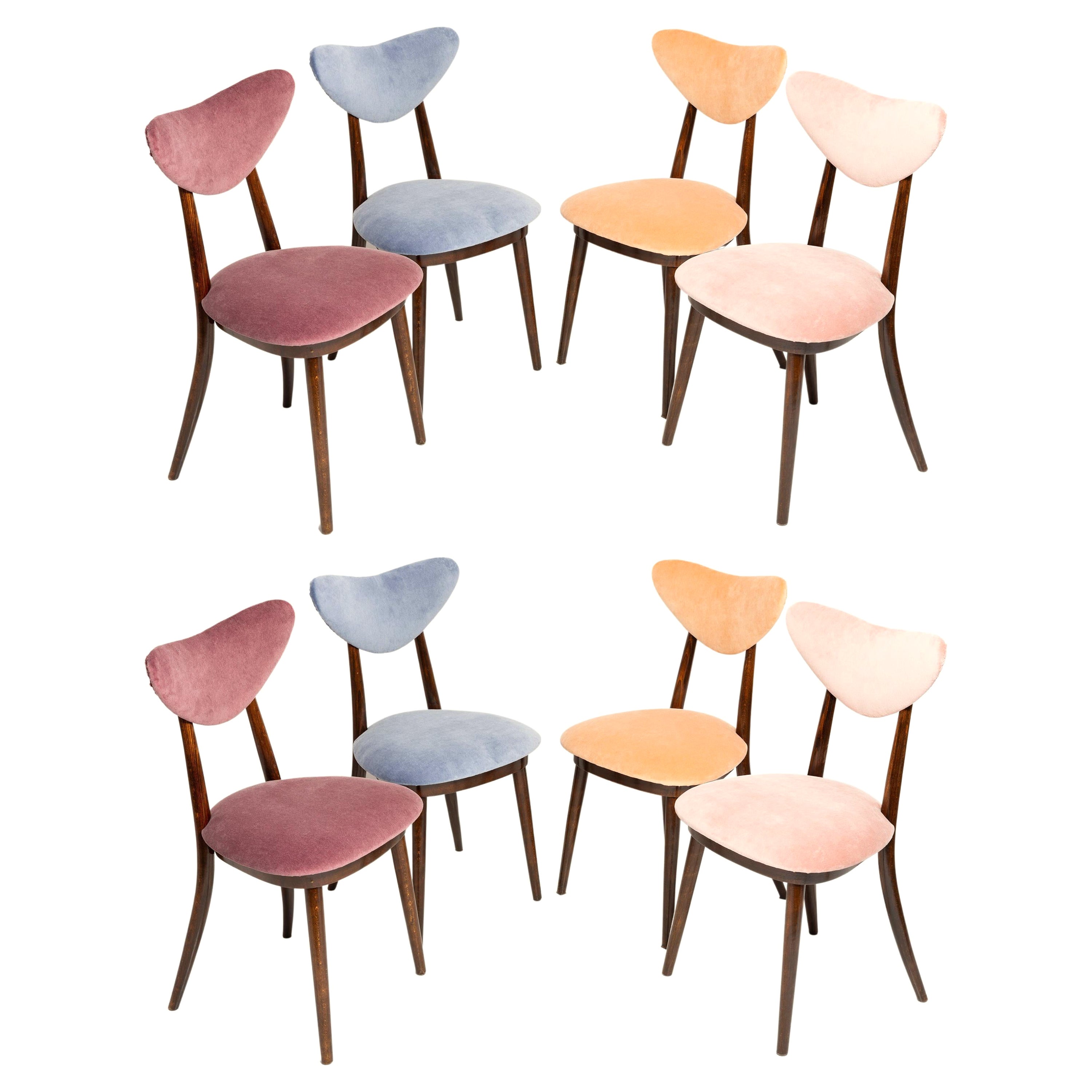 Ensemble de huit chaises en forme de cœur, rose orange bourgogne et velours violet, Europe, années 1960