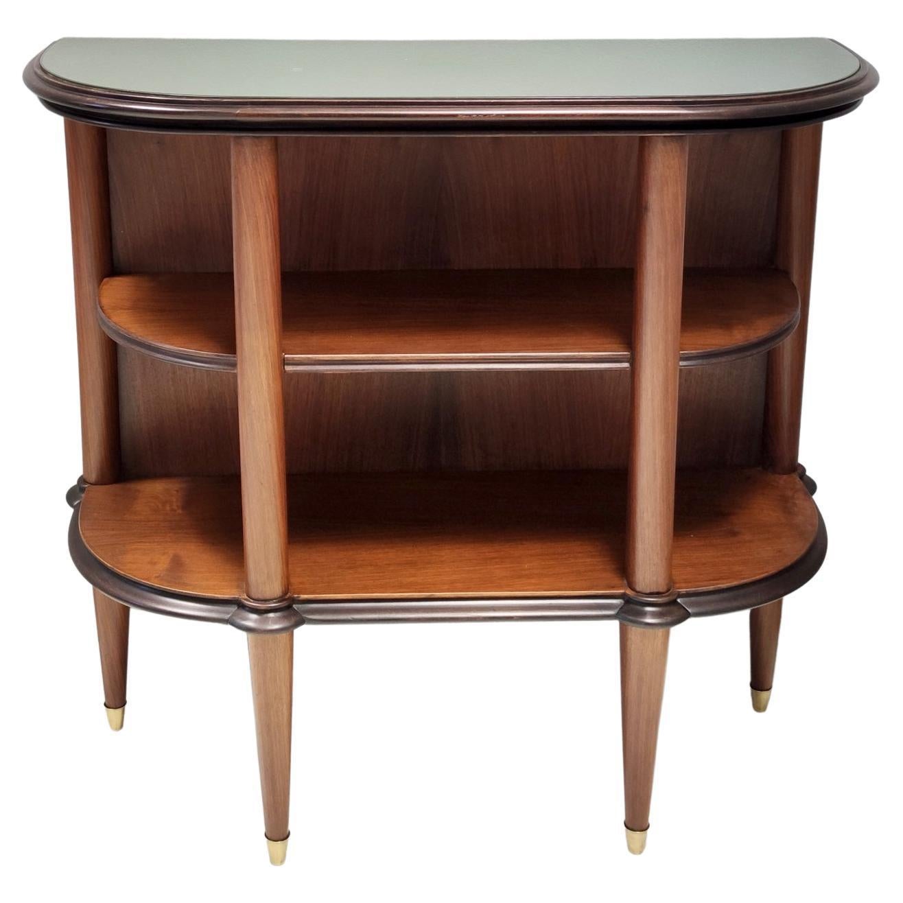 Walnut Console Table with a Light Green Glass Top and Two Shelves, Italy