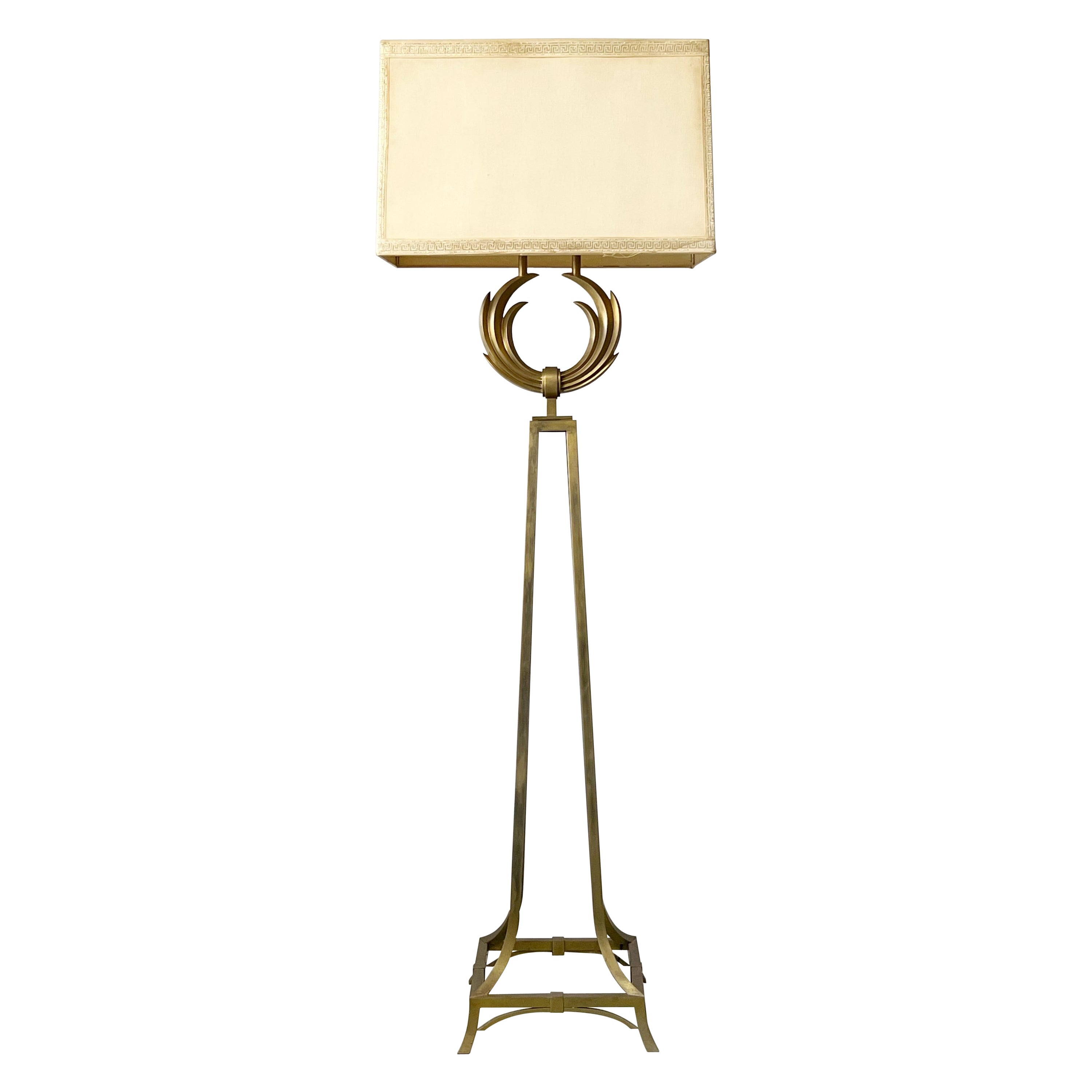 Neoclassic Brass Floor Lamp with Greek Key Shade