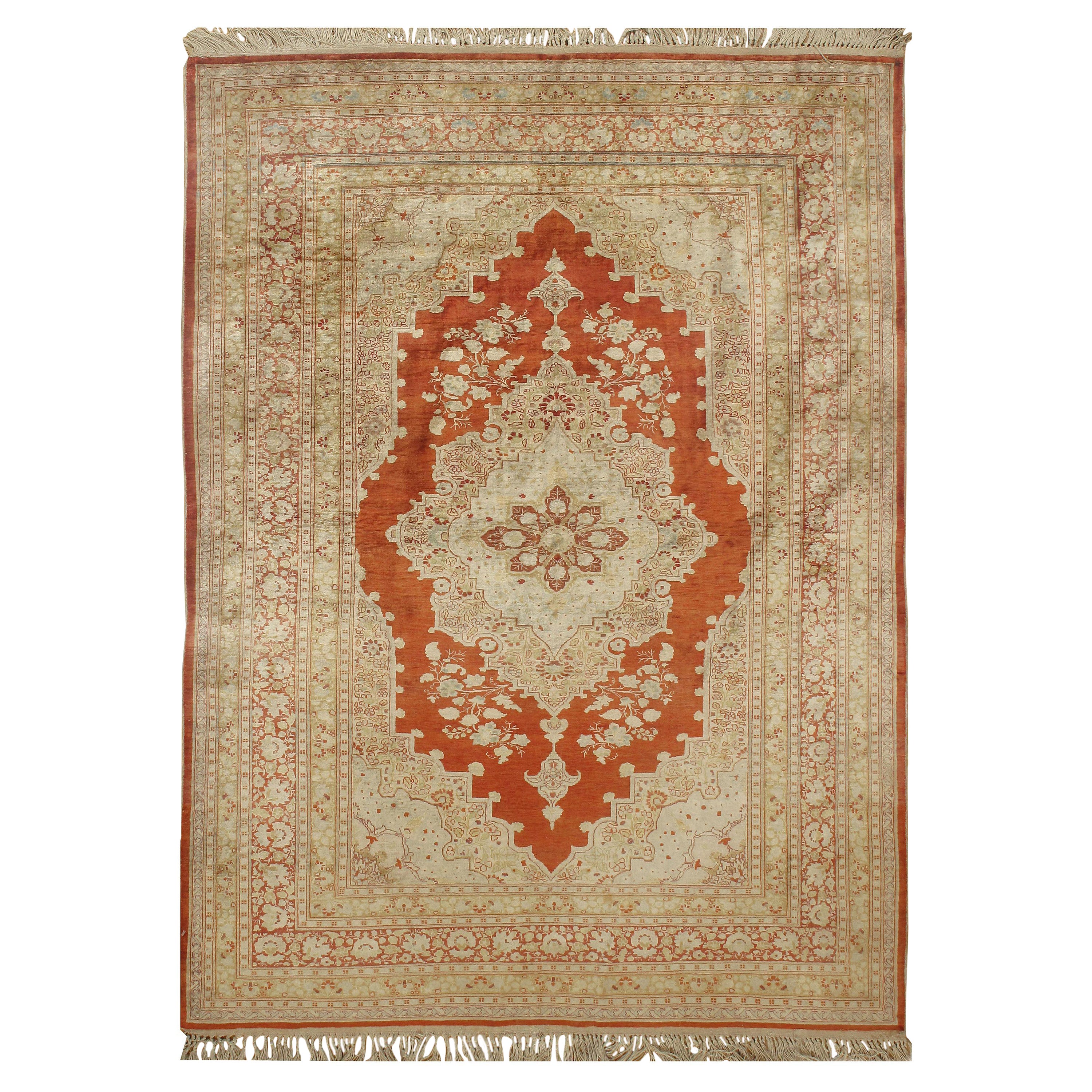 Antique Persian Beige Silk Tabriz Rug  4'2 x 5'7