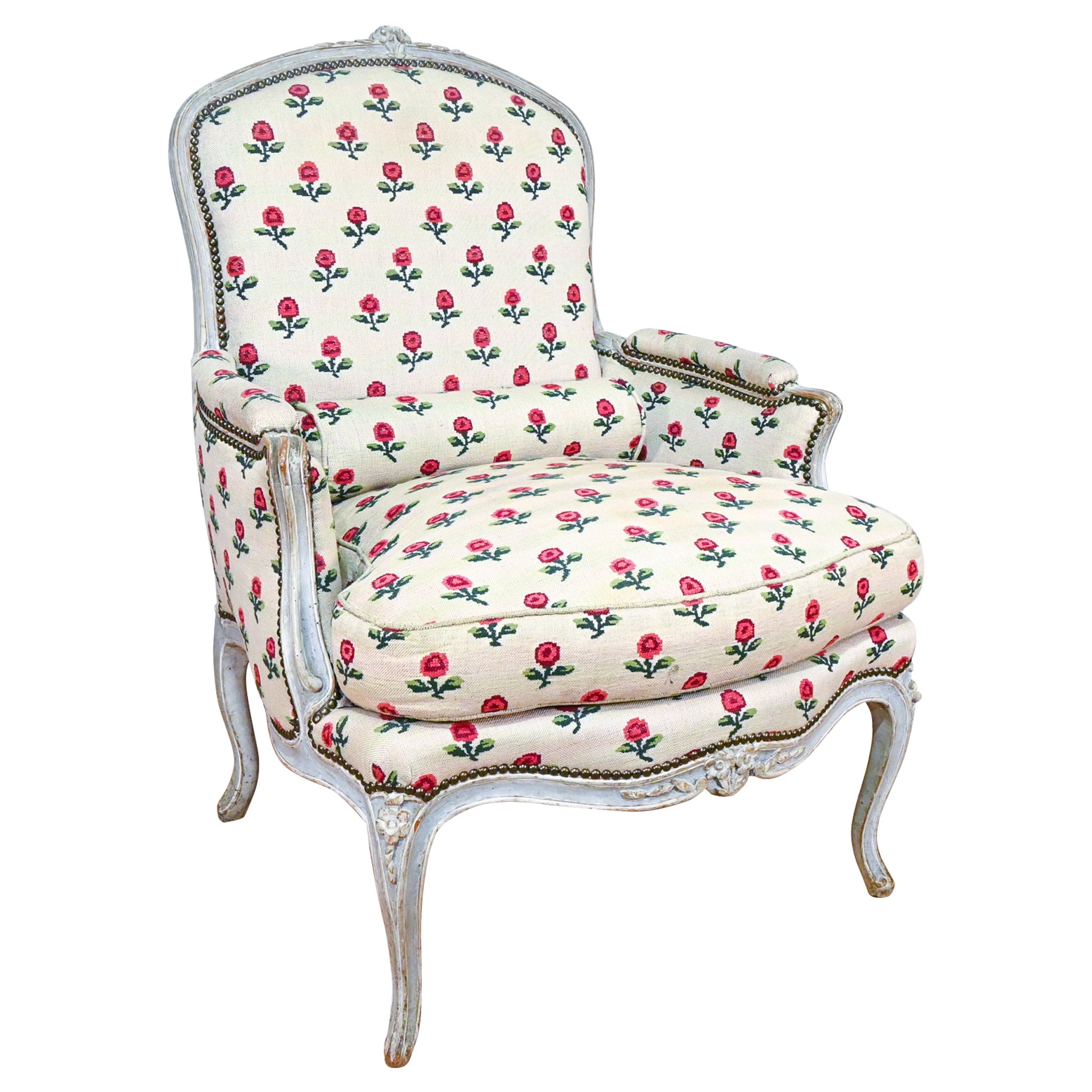 18th Century Louis XV Grey Painted Bergere Armchair, Jean-Baptiste Lebas Floral