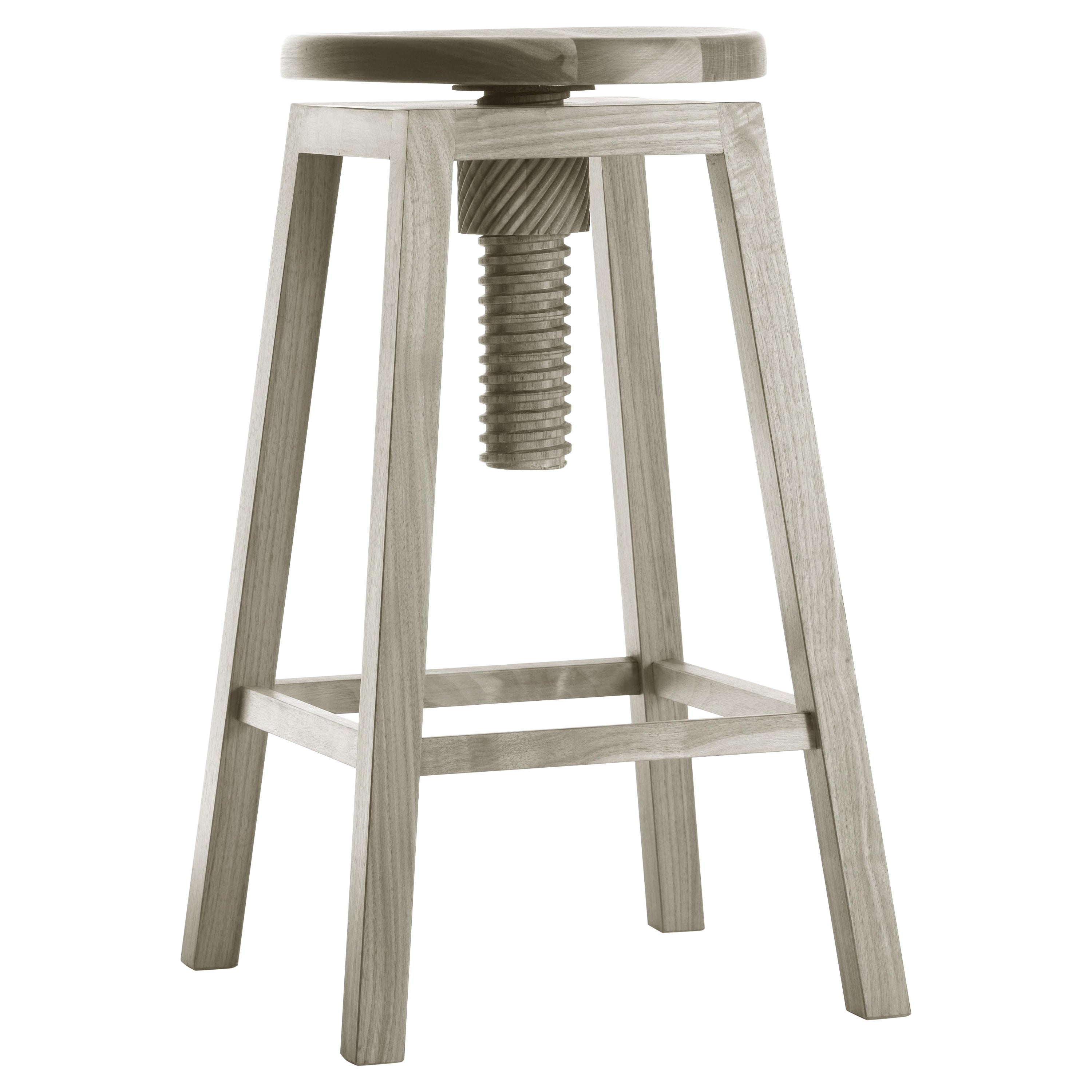 Invito Solid Wood Stool, Walnut in Hand-Made Natural Grey Finish, Contemporary For Sale