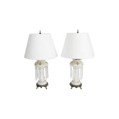 Pair of Electrified Victorian Lustre Lamps with Crystals