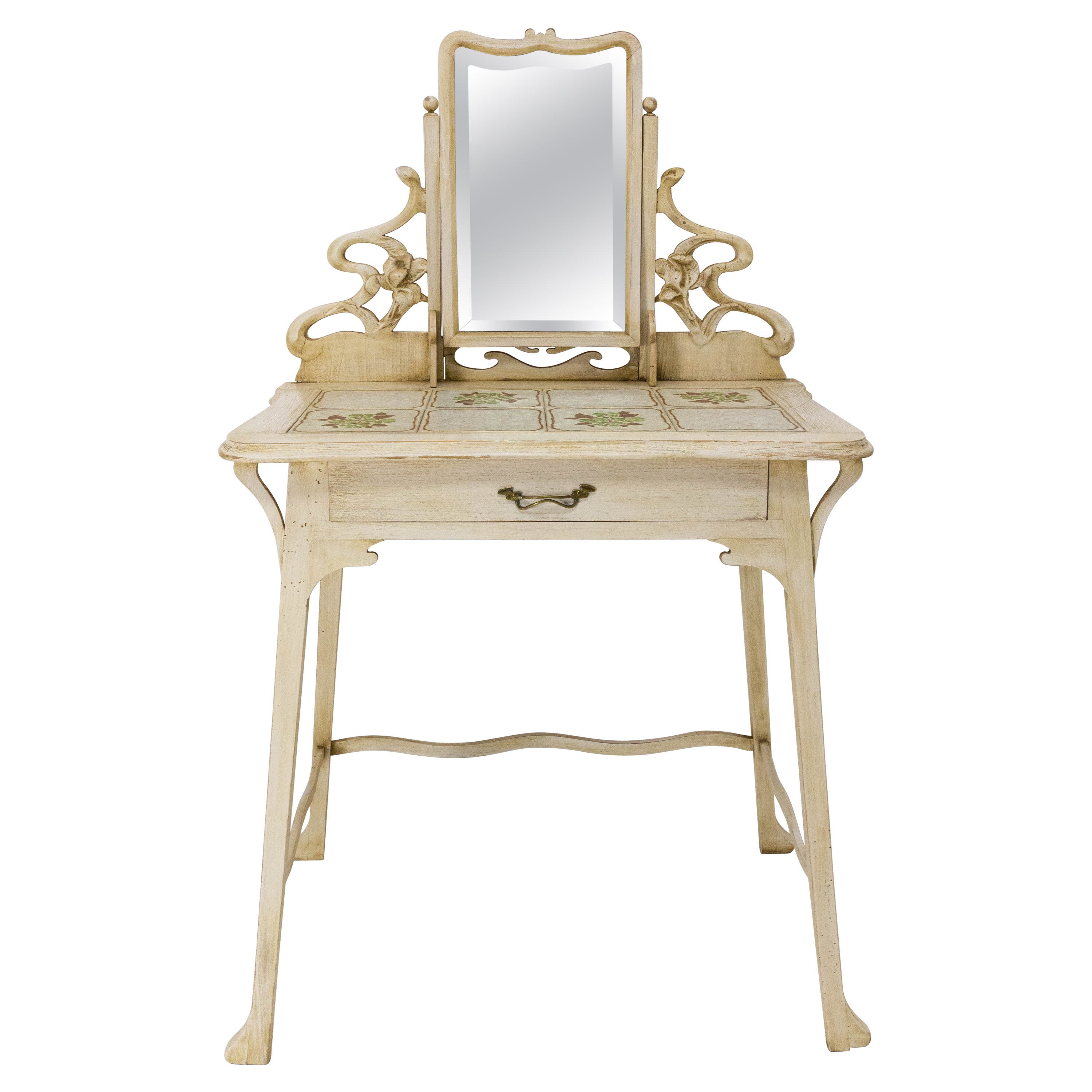 French Art Nouveau Dressing Table Vanity Unit with Beveled Mirror c. 1890