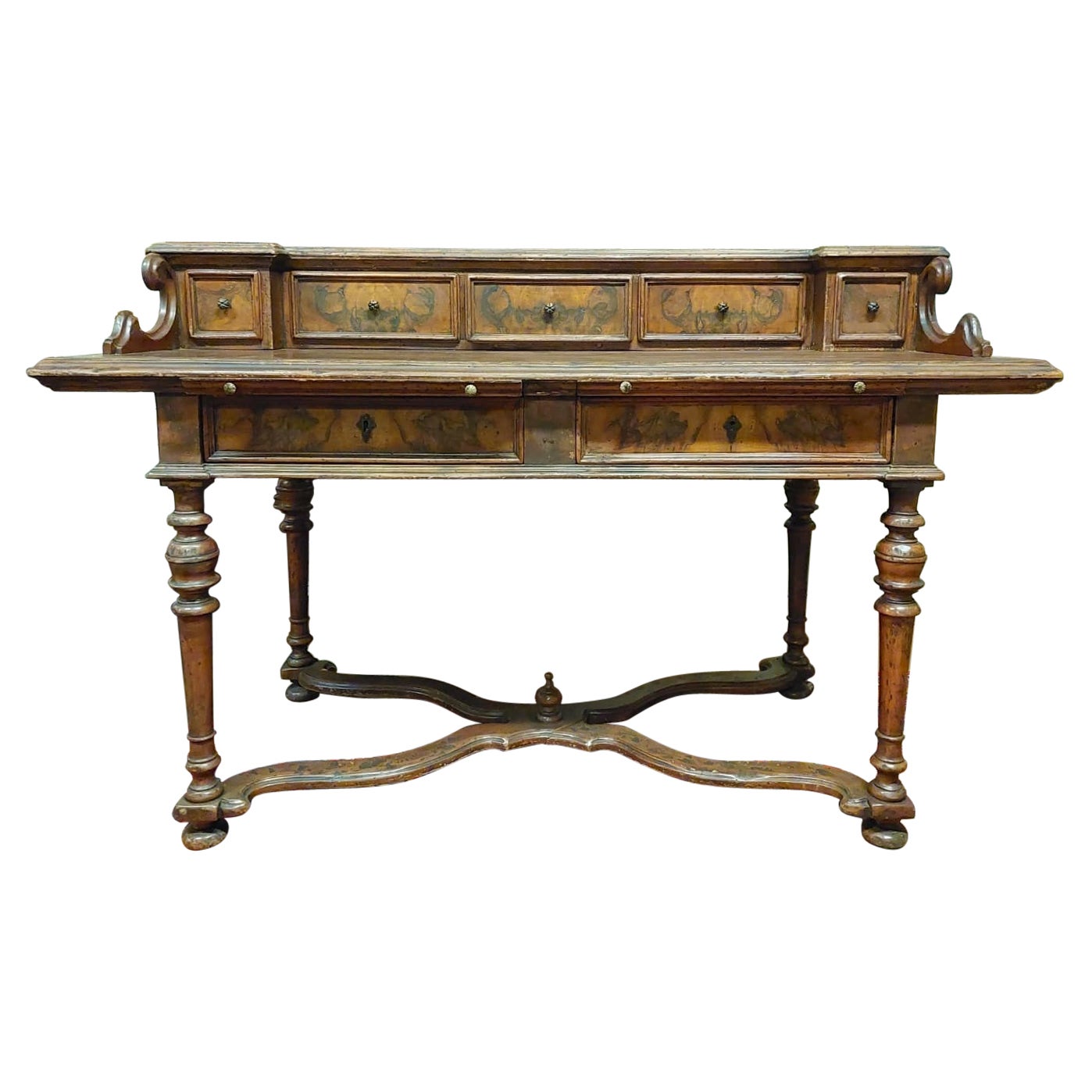 Antique Writing Table with Drawers, Walnut and Briar, 19th Century Naples, Italy
