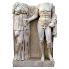 Vintage Classical 1990s Spanish Aged Carrara White Marble Headless Roman Couple Statue