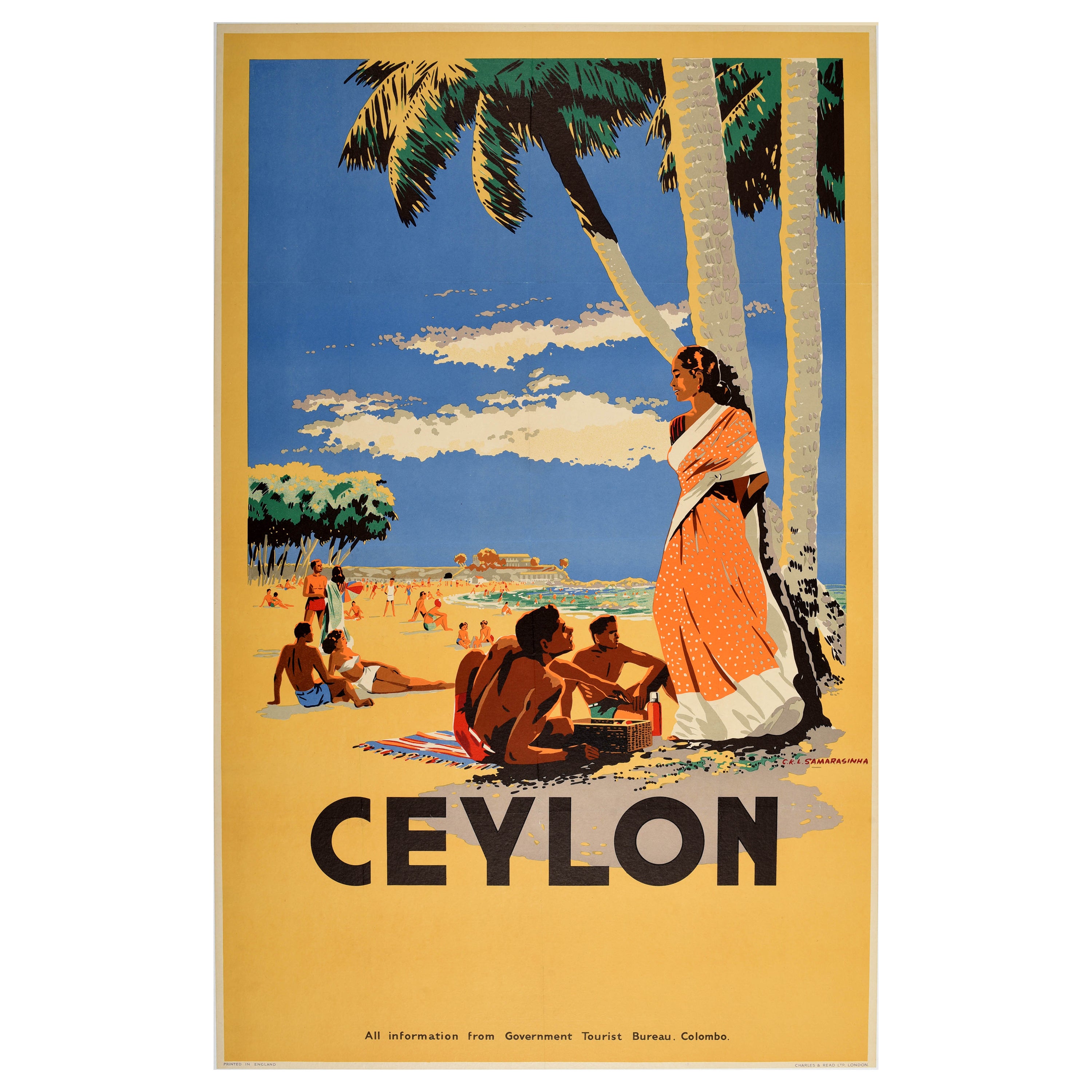 Original Vintage Poster Ceylon Beach Picnic Sri Lanka Asia Holiday Travel Art