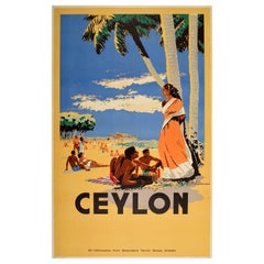 Affiche vintage originale de plage de Ceylan, pique-nique au Sri Lanka, Asie, vacances, art de voyage