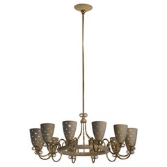 Paavo Tynell Ballerina Chandelier 12 Perforated Shades & Brass Ornamentation