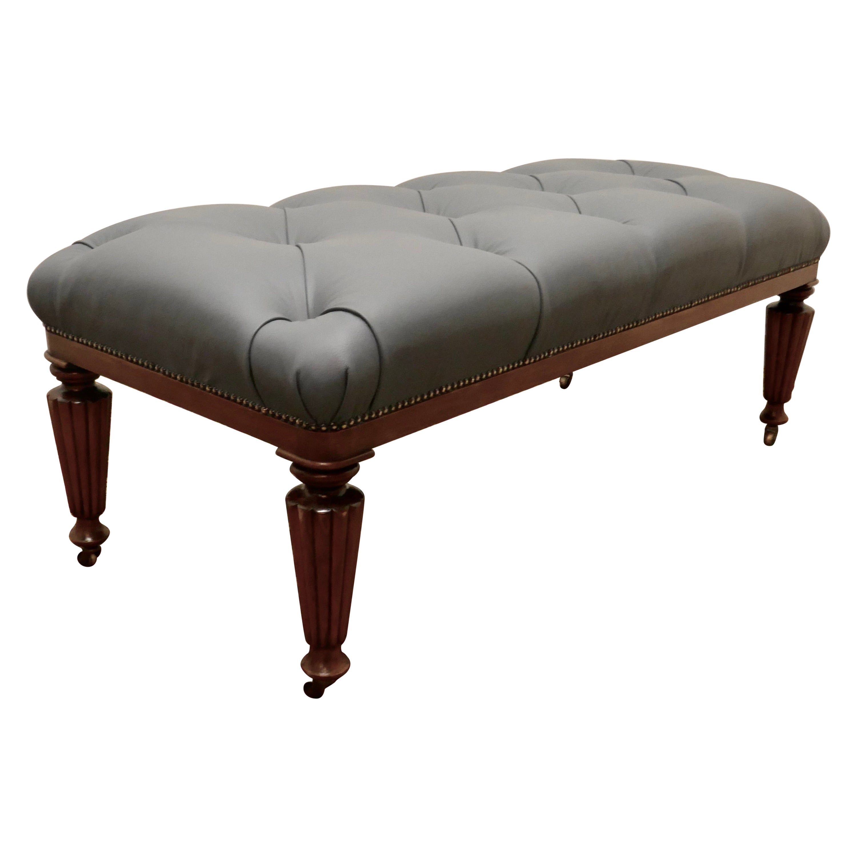 Large Deeply Buttoned Chesterfield Leather Library Stool For Sale