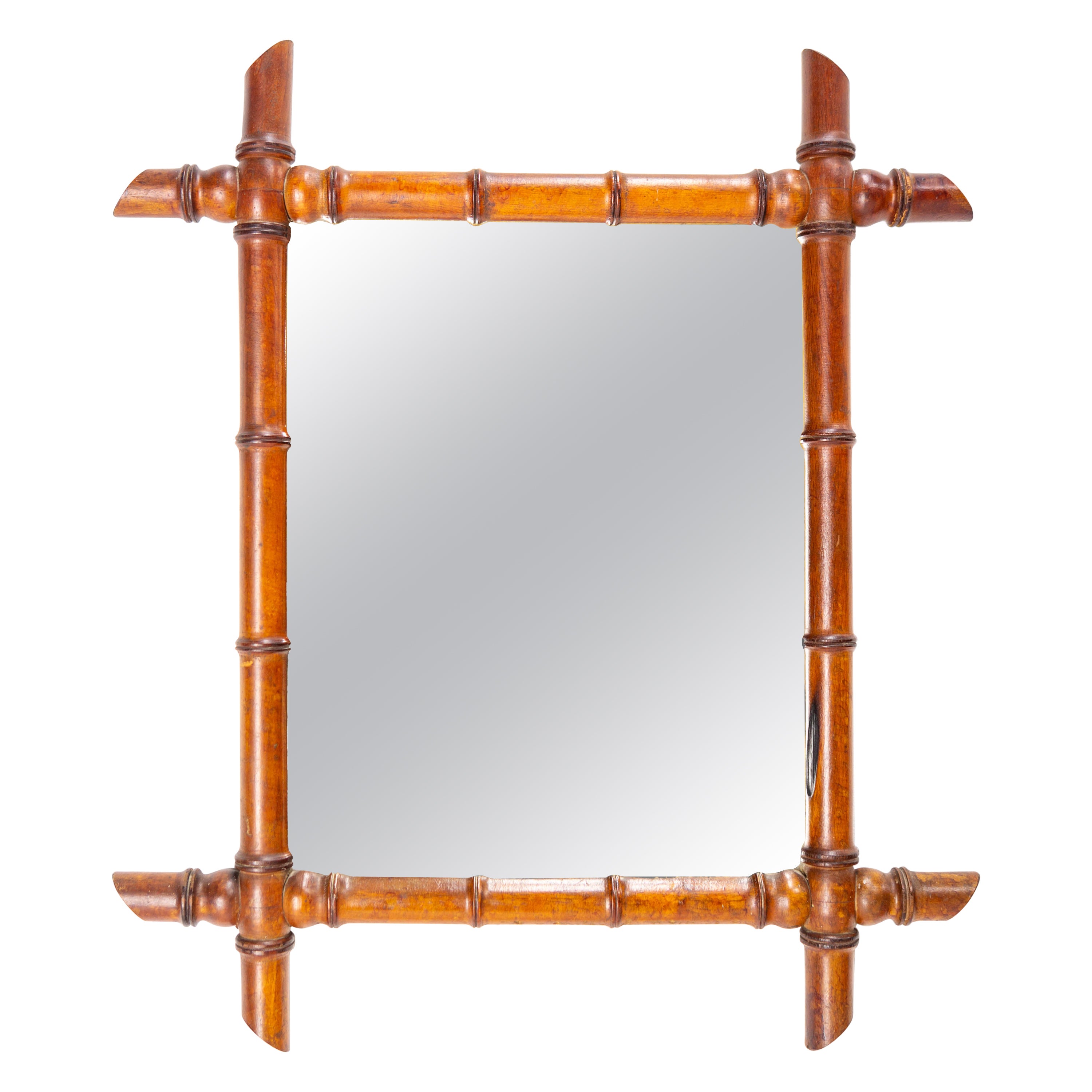 French Art Nouveau Mirror with Beech Frame Bamboo Imitation, Late 19th Century