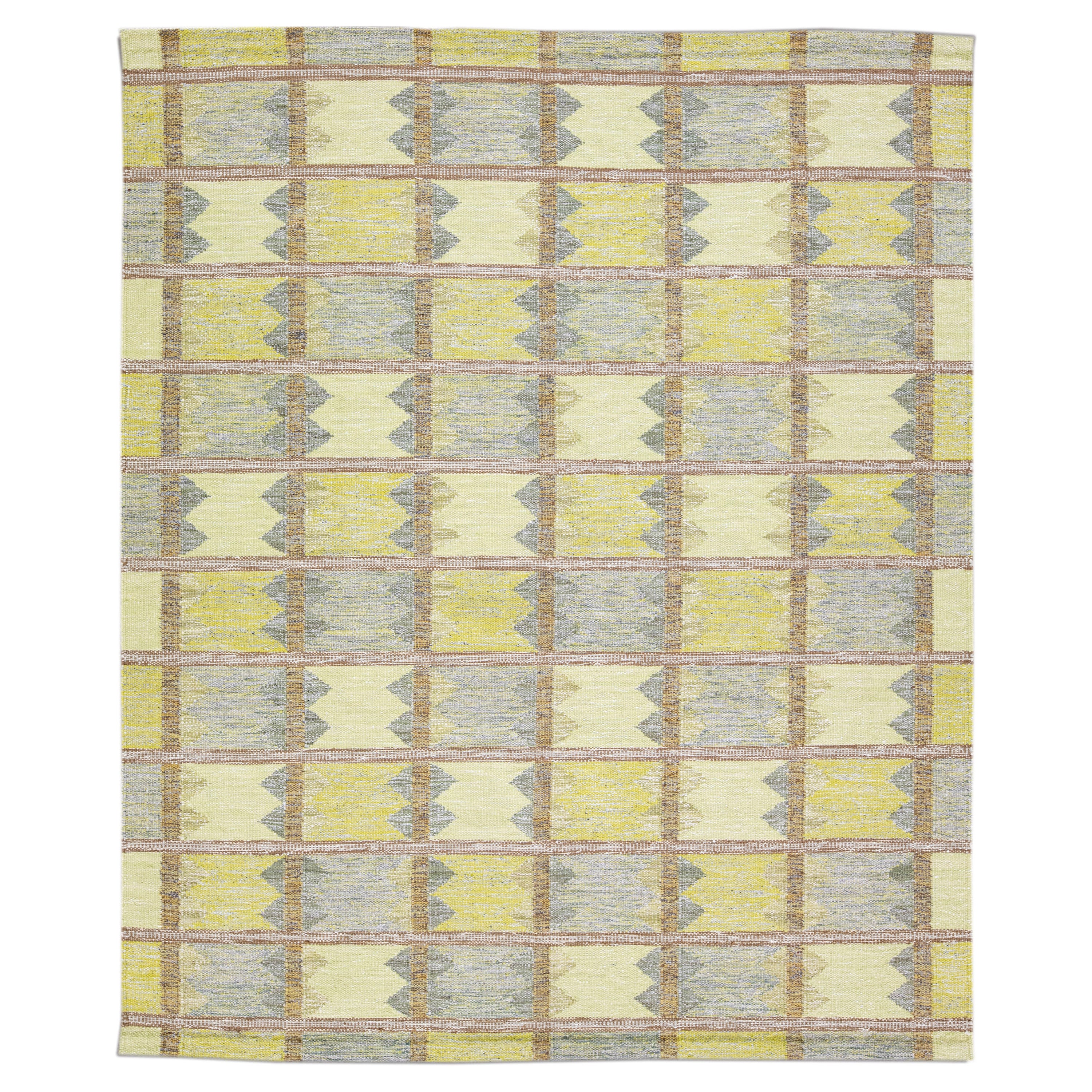 Tapis scandinave moderne jaune et gris en laine, fait à la main, de taille géométrique pour une pièce