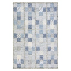 Tapis scandinave moderne bleu et gris en laine, fait à la main, de taille géométrique pour une pièce