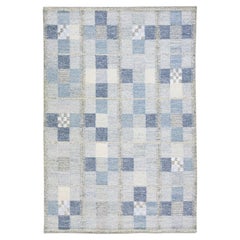 Modern Scandinavian Blue and Gray Handmade Geometric Room SizeWool Rug