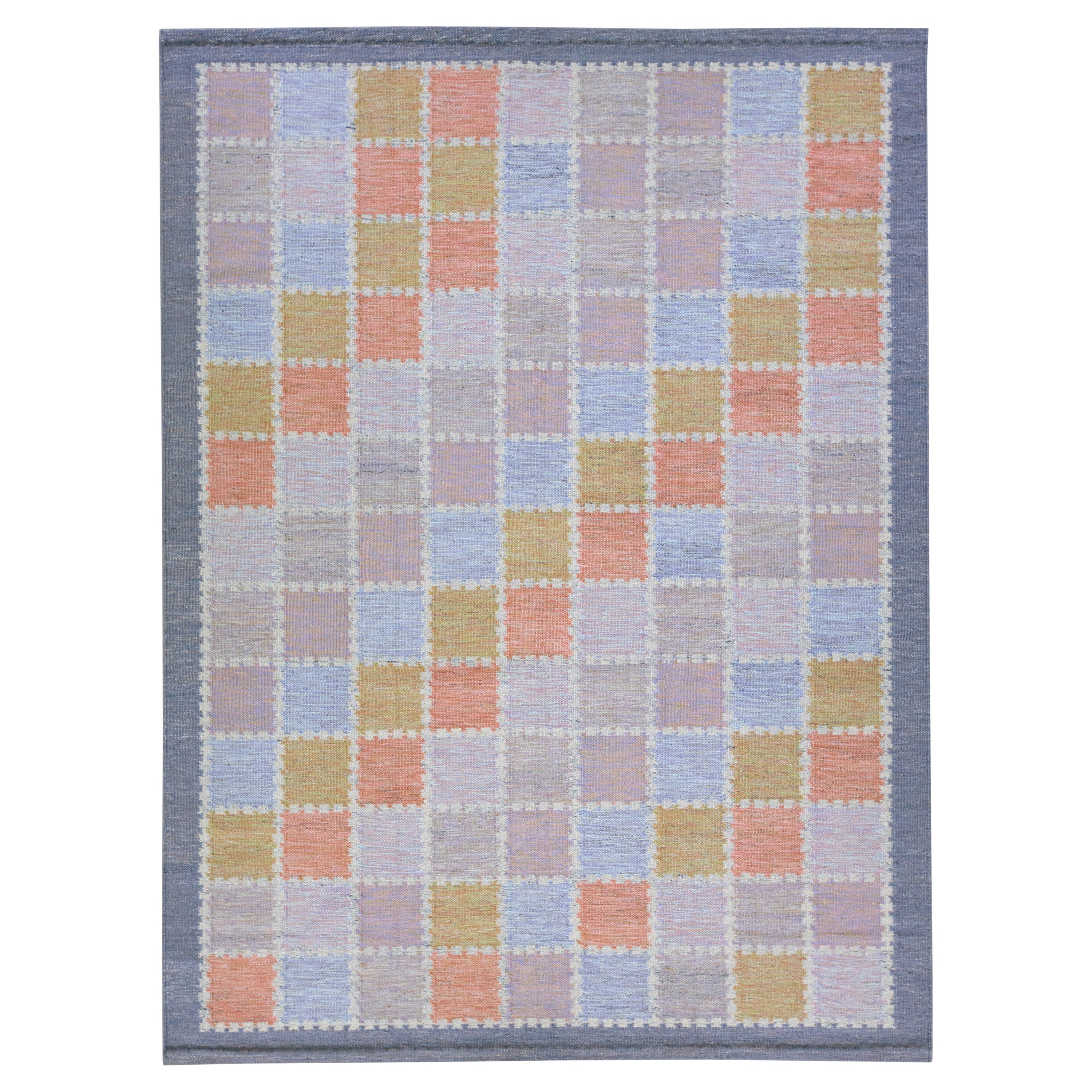 Modern Scandinavian Multicolor Handmade Geometric Room Size Wool Rug For Sale