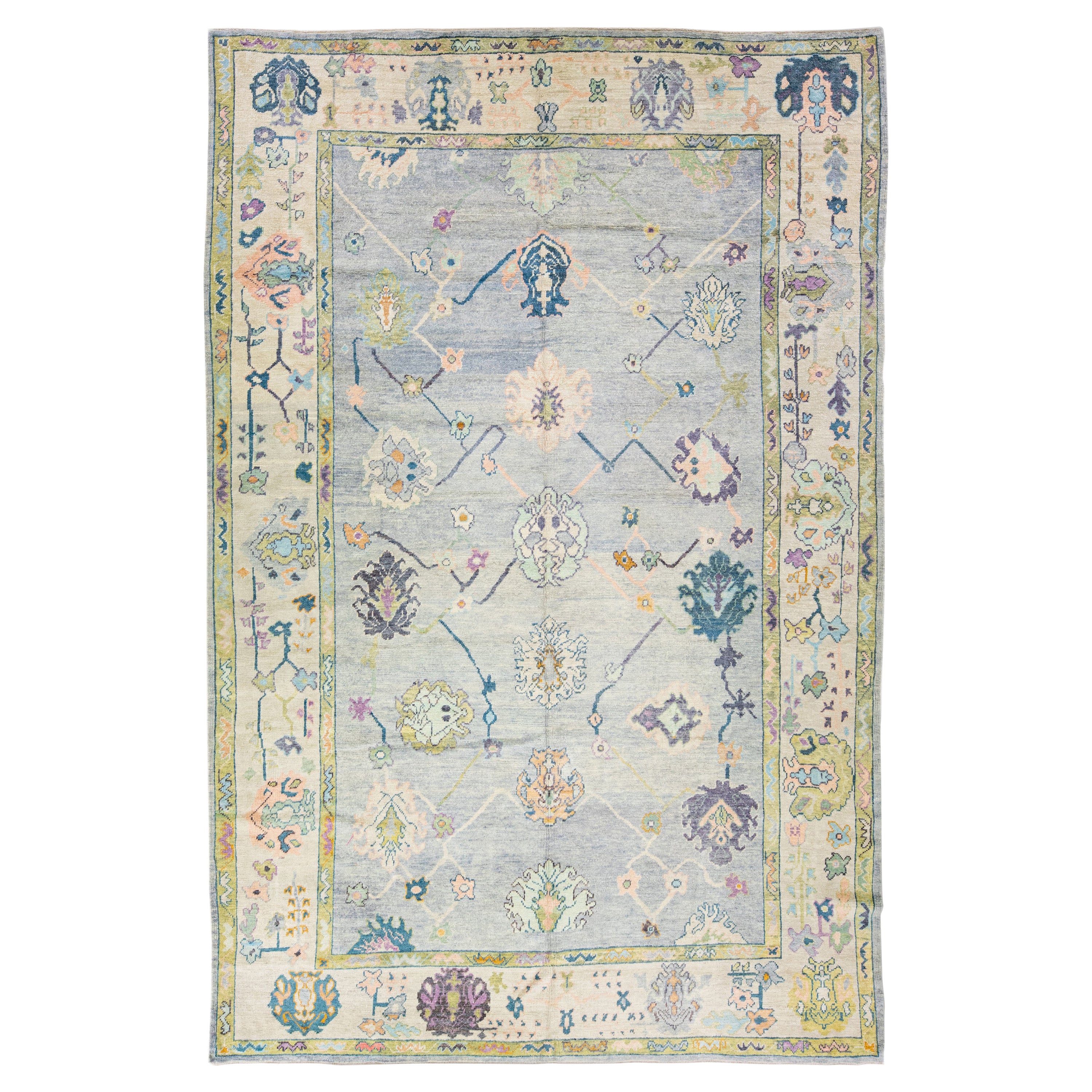 Modern Turkish Oushak Gray Handmade Floral Oversize Wool Rug For Sale