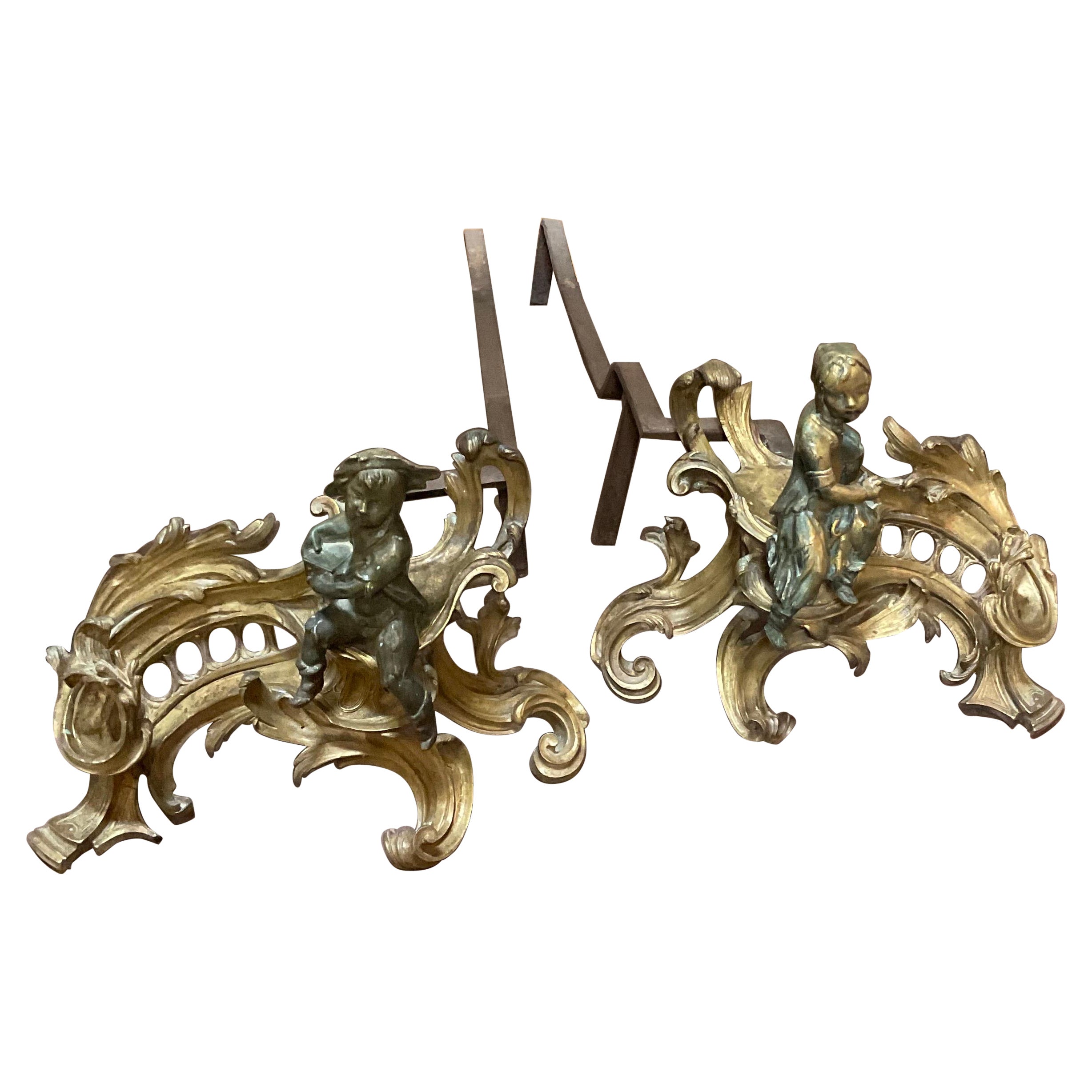 Late 19th Century Set of Bronze Andirons For Sale