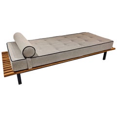 Cansado Bench in Oak by Charlotte Perriand, Mattress and Bolster in Grey Fabric